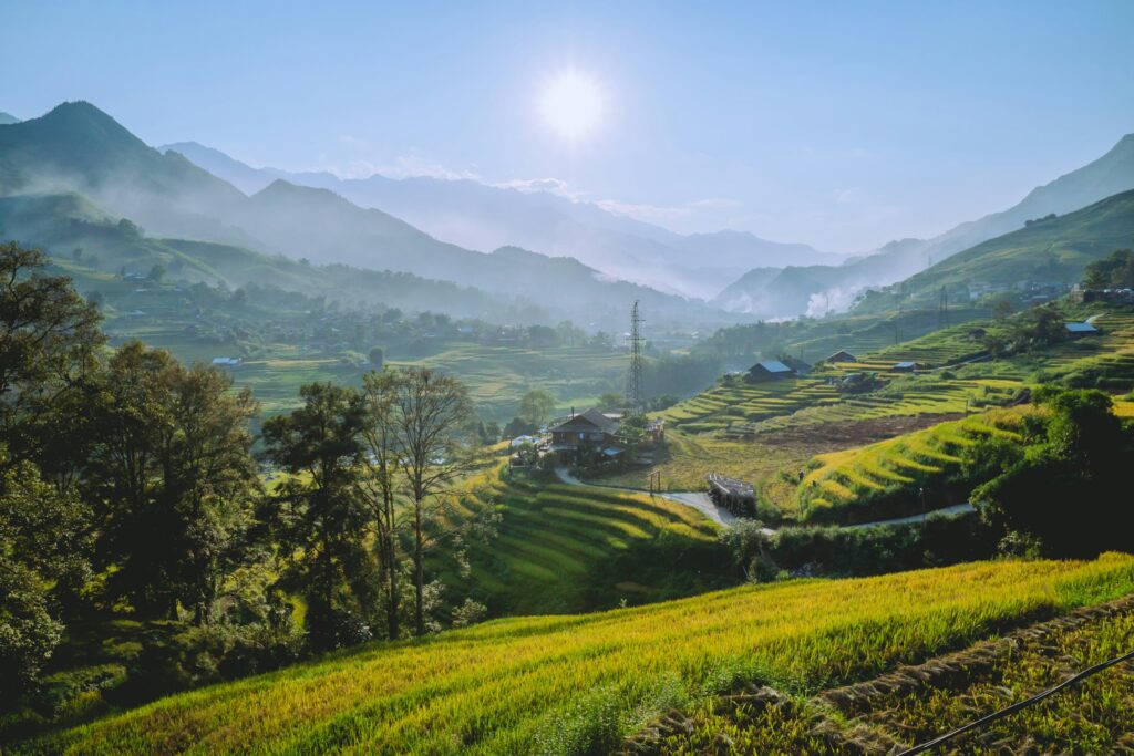 Terraced rice fields and misty mountains around Sapa in northern Vietnam