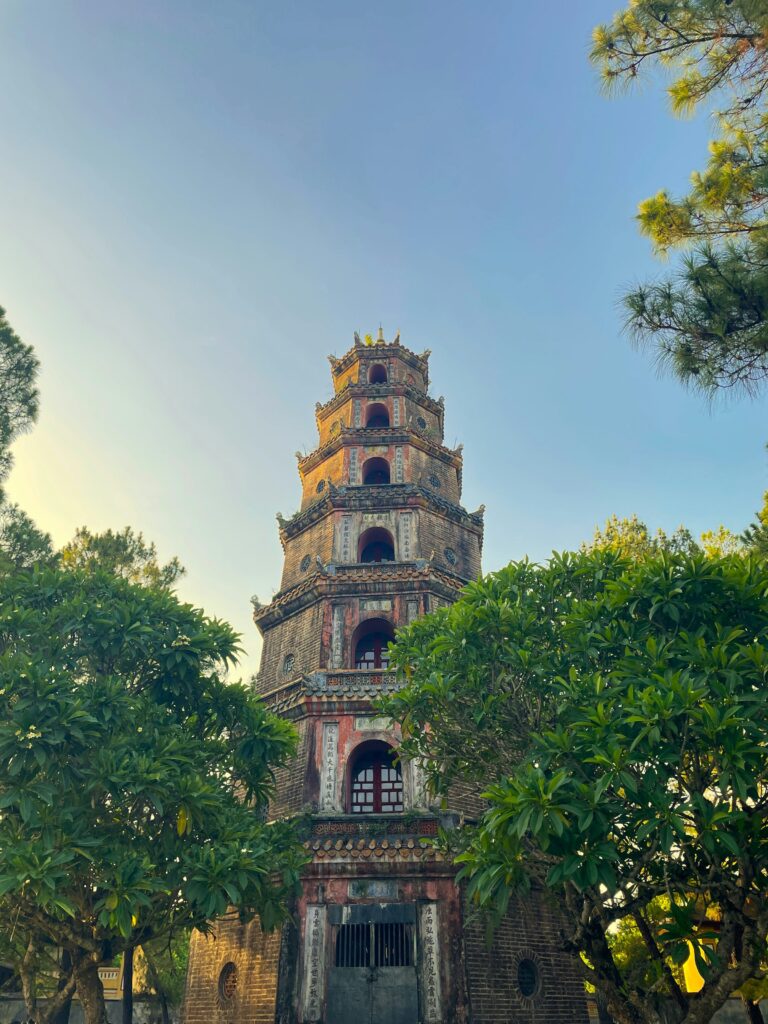 The seven-tiered Thien Mu Pagoda above the Perfume River in Hue