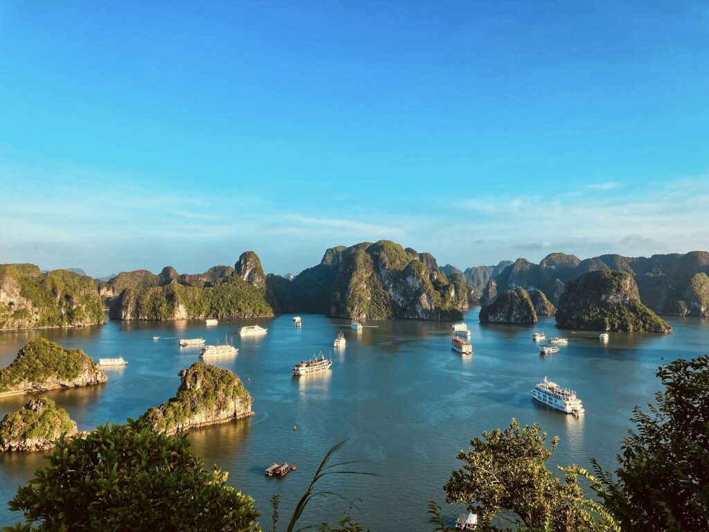 Cruise boats among the karst islands of Halong Bay