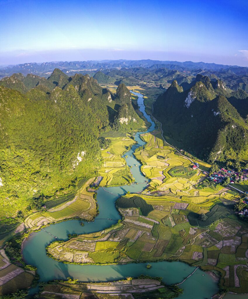 Limestone karsts and a winding river in northern Vietnam