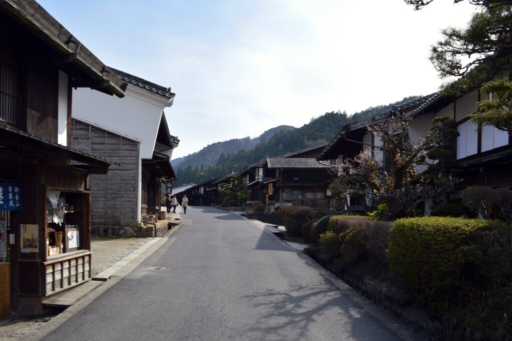 Historic wooden houses along the Nakasendo trail in Tsumago-juku