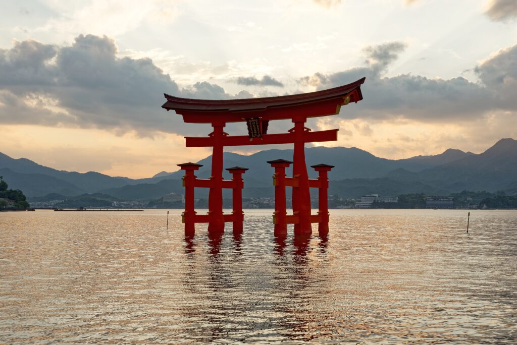Itsukushima torii gate at sunset on Miyajima Island
