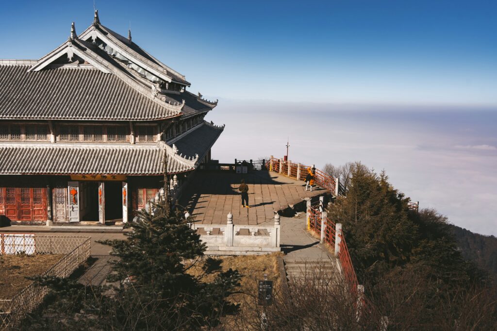 Korean mountain grotto temple exterior under blue sky