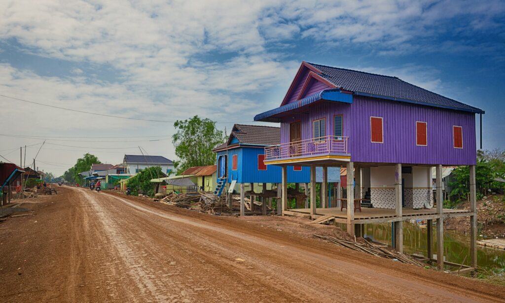 Cyclist on a bright palm-lined countryside road near Angkor