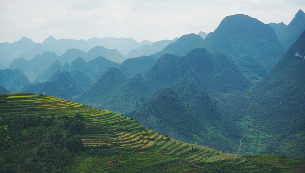 Terraced slopes and peaks above Ha Giang