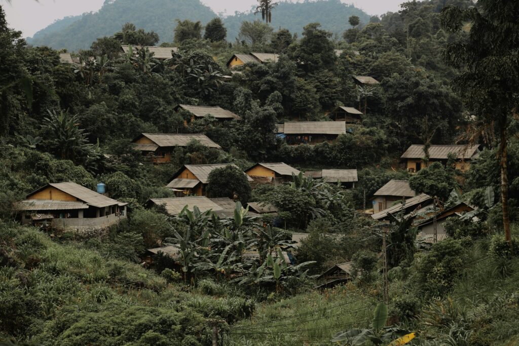 Mountain hamlet among forested slopes in northern Vietnam
