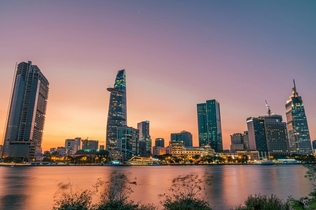 Saigon skyline clear turquoise river