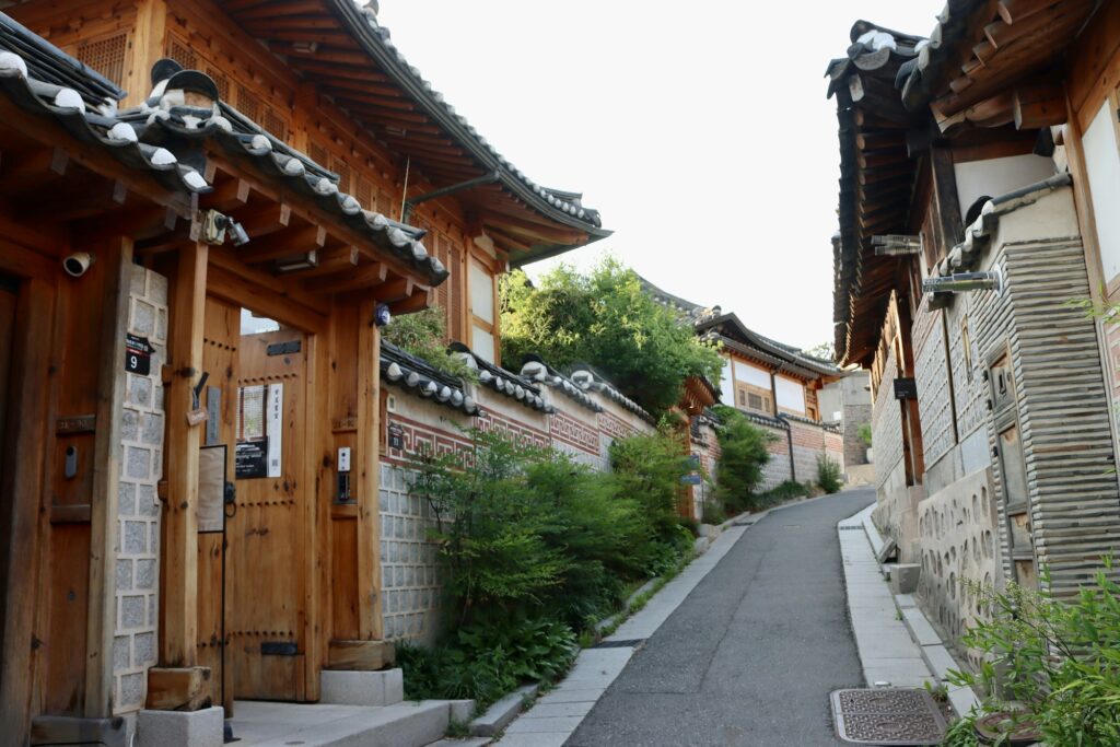 Korean hanok village daytime family walking