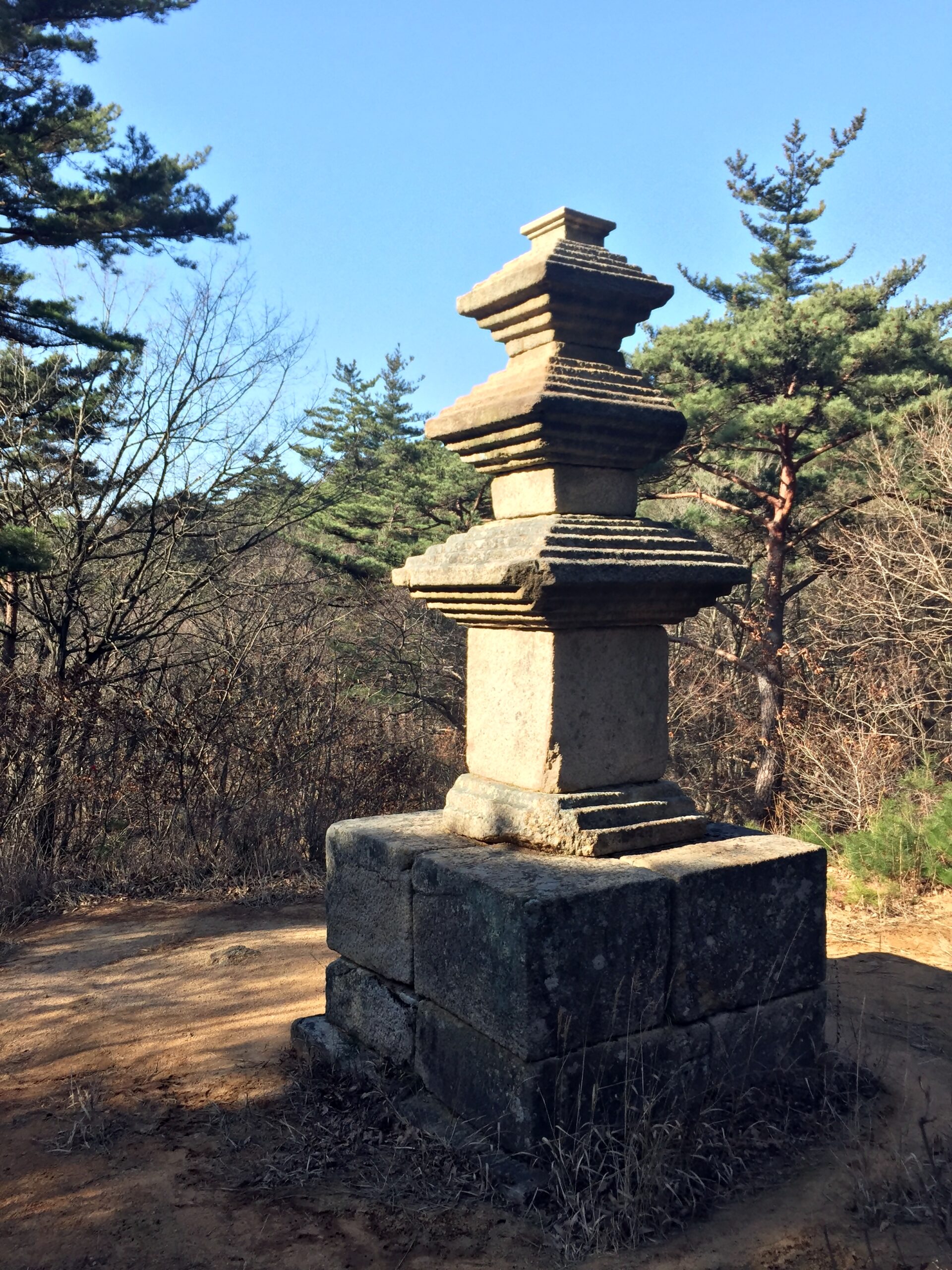 Three-story Stone Pagoda at third Jigok Yongjanggye Valley Temple Site, Namsan Mountain in Gyeongju, Korea