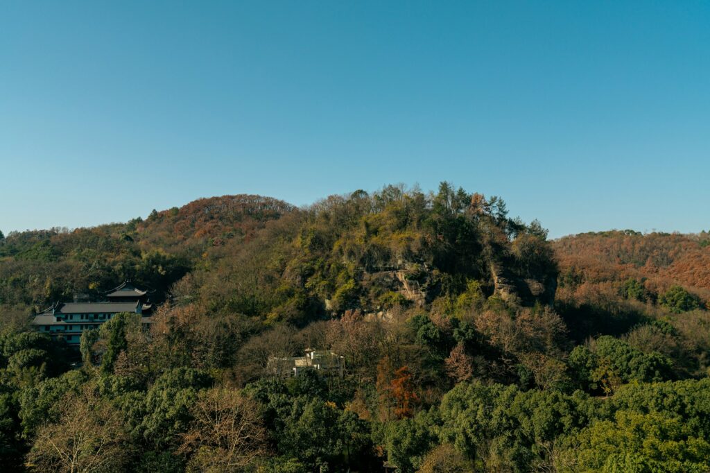 Lush green mountain temple trail in bright sunshine