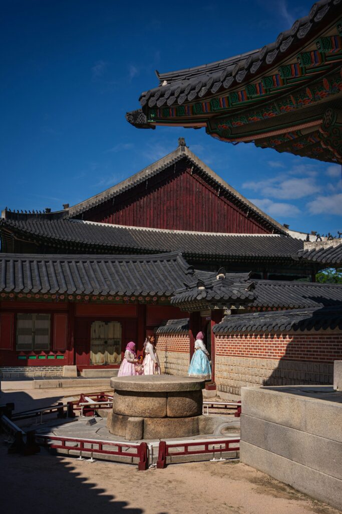 Gyeongbokgung Palace courtyard under clear blue sky