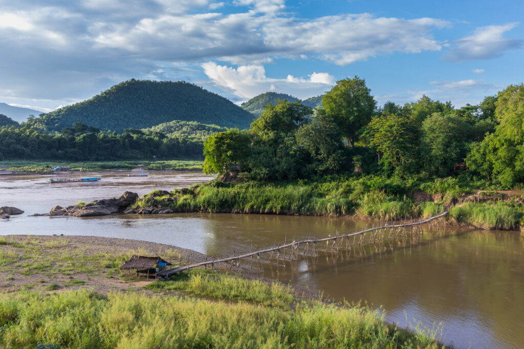 Landscape of Luang Prabang with a temporary wooden footbridge