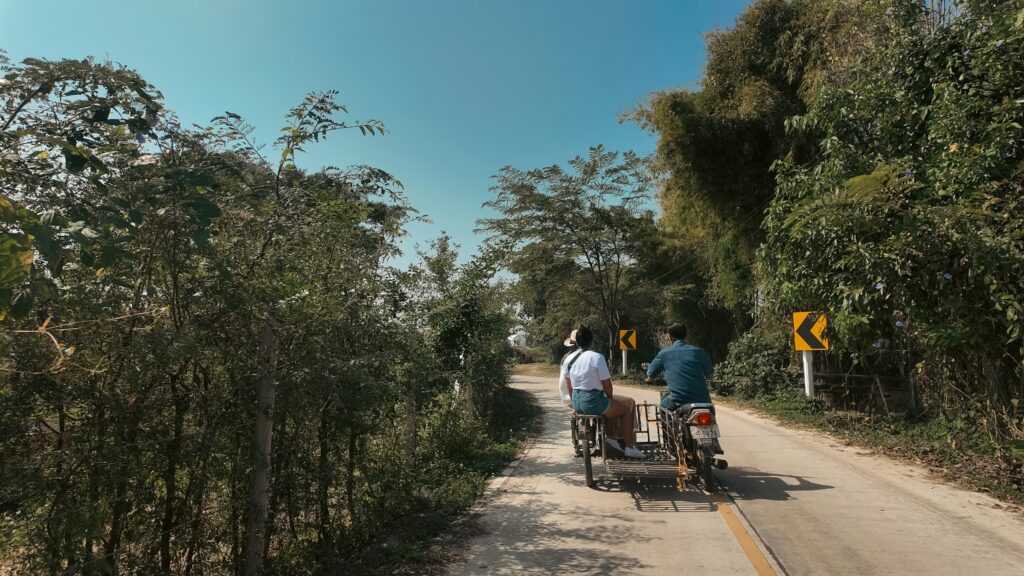 Bicycles on a village track winding through paddy fields
