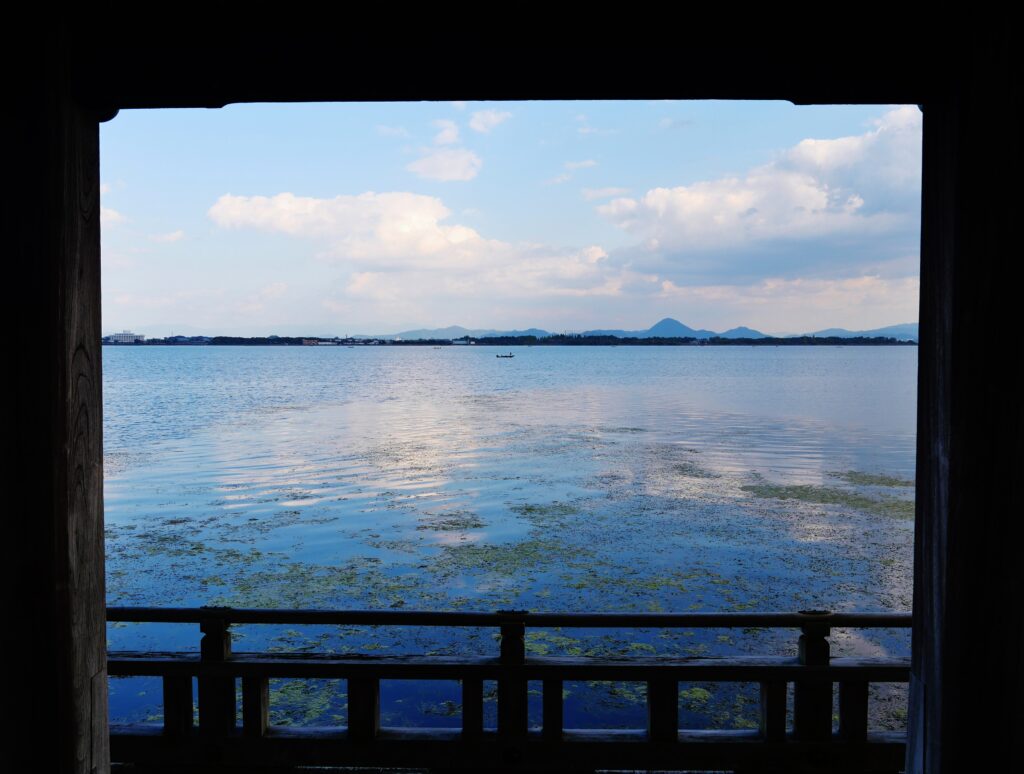Calm view across Lake Biwa from Ukimido temple